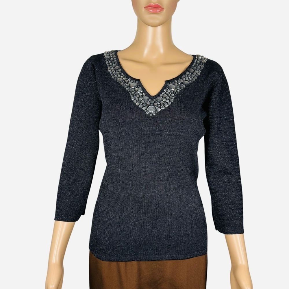 New Vintage Joseph A Black Sparkle Neck Embellished Sweater Size M